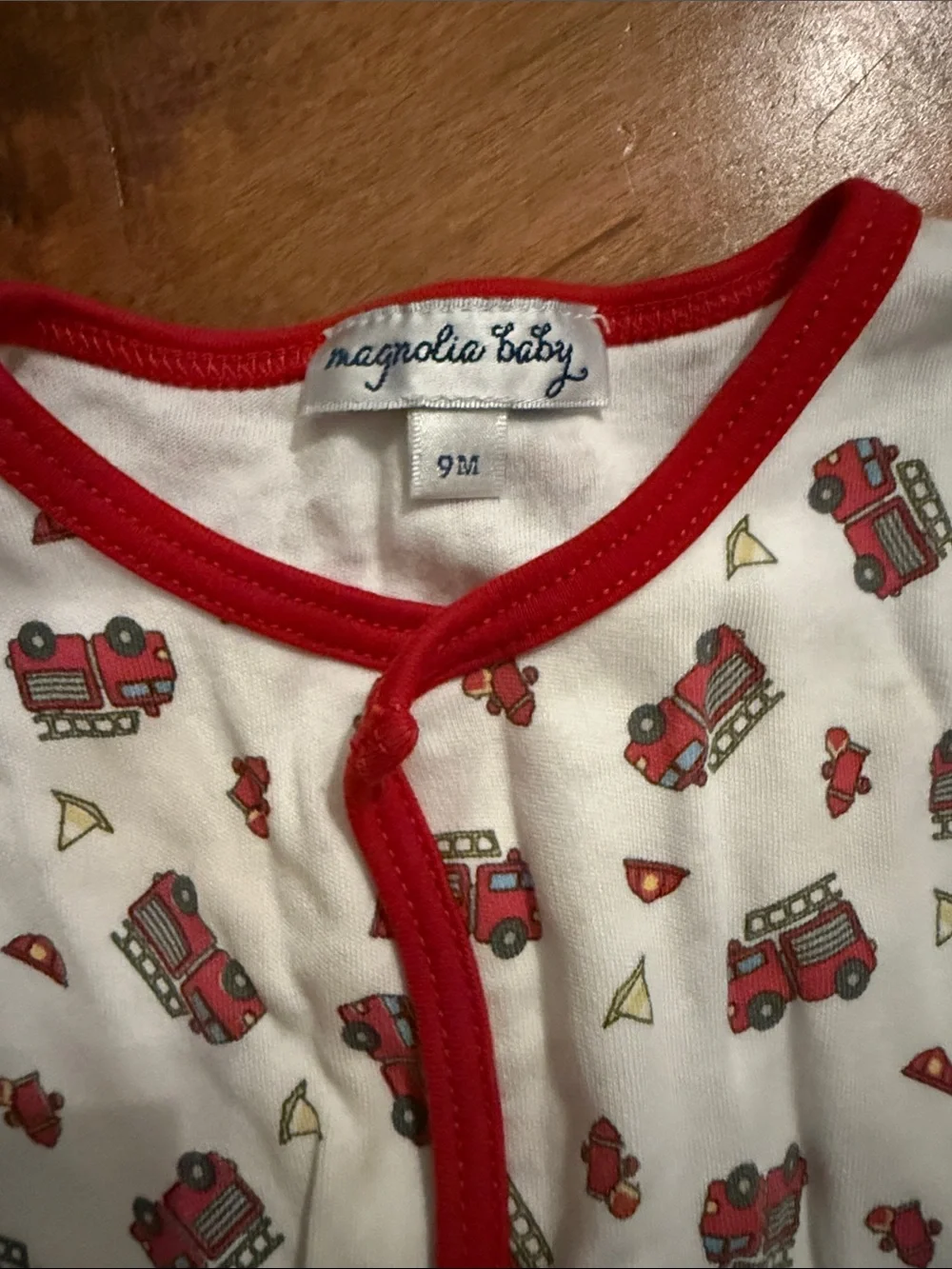 Magnolia Baby White Footie Pajama with Red Fire Truck Print